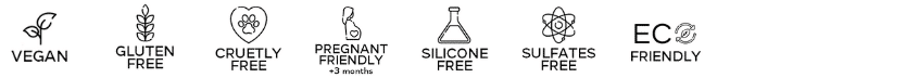  Iconos de certificaciones: Vegano, Libre de Gluten, Libre de Crueldad, Apto para Embarazadas (+3 meses), Libre de Siliconas, Libre de Sulfatos, Eco-Friendly.